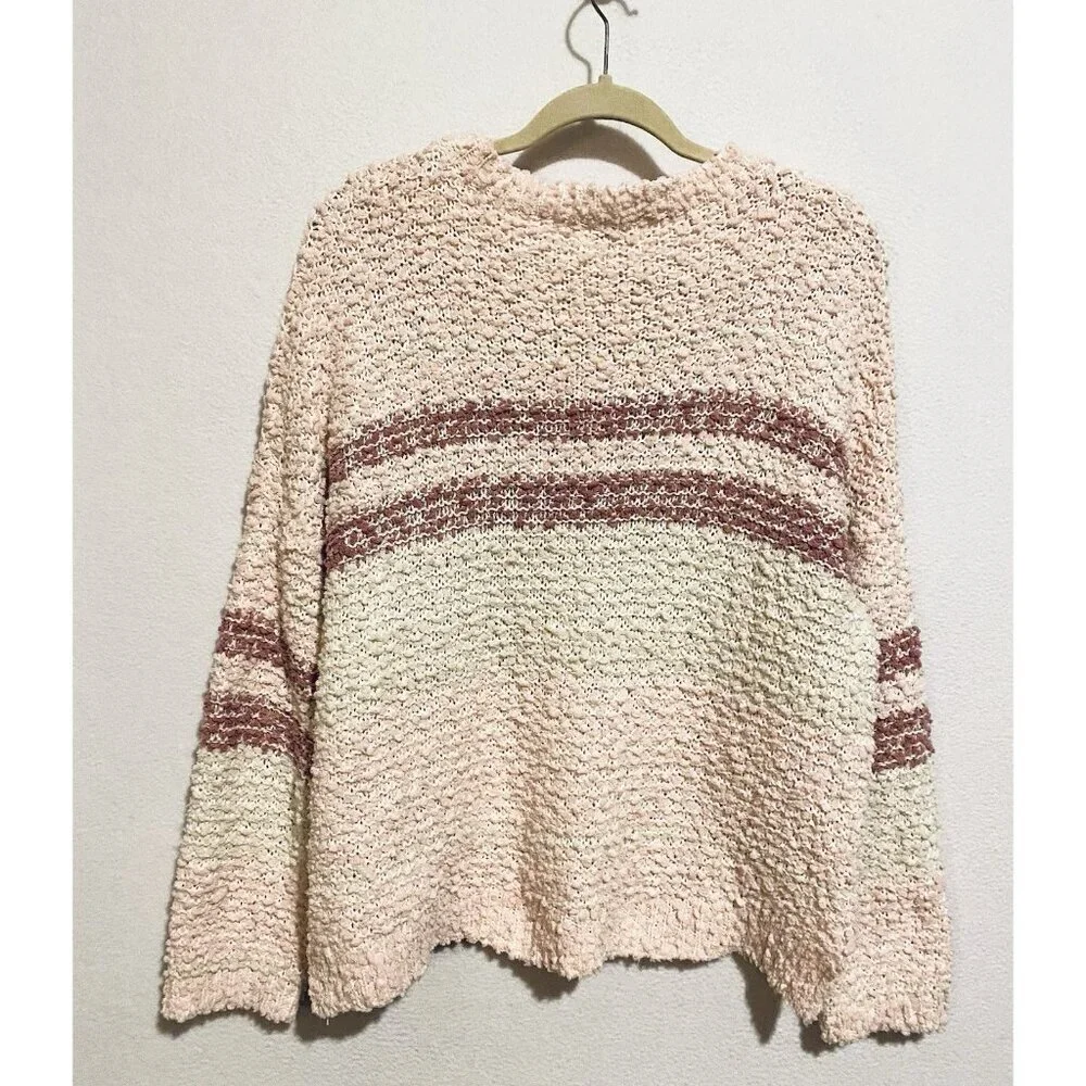 Umgee Sweater Womens Medium Pink Striped Textured Cropped Chunky Comfy Boho